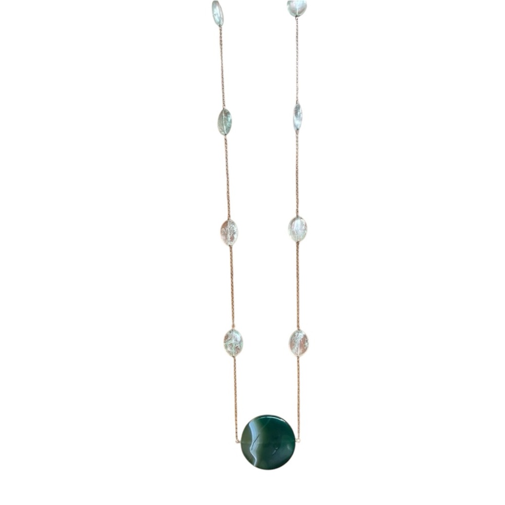 Rutilated Quartz accents Green and white Agate on Opera Length necklace.